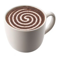 white ceramic mug filled with creamy hot chocolate features intricate spiral design on top, creating visually appealing and inviting drink png