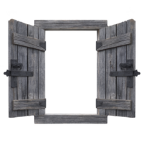 rustic wooden window frame with open shutters, showcasing weathered wood and metal hinges, evokes sense of nostalgia and charm. aged texture adds character to frame png