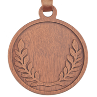 round wooden medal with carved laurel wreath design, symbolizing achievement and honor. medal has smooth finish and ribbon loop at top, perfect for awards png