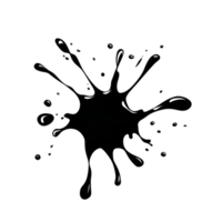 black ink splatter with irregular edges and droplets radiating outward, creating abstract and dynamic design. splatter is set against transparent background, making it versatile for various png