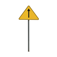 yellow triangular road sign with black arrow pointing upwards, indicating direction or warning. sign is mounted on metal pole, isolated on transparency background png