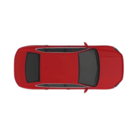Aerial view of sleek red car with tinted windows and modern design, showcasing its streamlined shape and vibrant color. car roof and side mirrors are visible, emphasizing its stylish appearance png