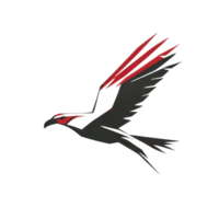 stylized bird with red and black wings is depicted in dynamic flying pose, showcasing sleek and modern design. illustration captures essence of freedom and movement png