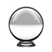 clear glass crystal ball with reflective surface sits on small stand, often used for fortune telling or decoration. sphere transparency and smooth texture create elegant appearance png