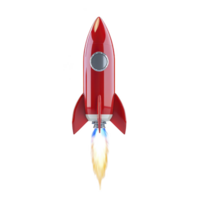 red rocket ship with sleek design is launching into space, emitting bright flame from its engines. image captures excitement and adventure of space exploration png