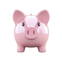 shiny pink piggy bank with cute expression stands against transparency background, symbolizing savings and financial planning. Its glossy surface reflects light, adding cheerful touch png