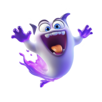 playful cartoon ghost with wide open mouth and purple accents, expressing excitement. ghost has exaggerated features and dynamic pose, adding to its lively appearance png
