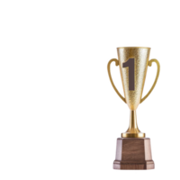 golden trophy with number one symbol on wooden base represents achievement and success. shiny surface and elegant design convey sense of victory and celebration png