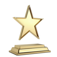shiny gold star trophy stands elegantly on rectangular base, symbolizing achievement and excellence. metallic finish reflects light, adding sense of prestige and celebration png