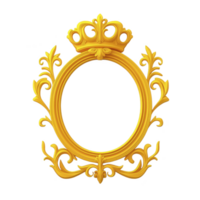 ornate golden frame with crown design, featuring intricate floral patterns, exudes elegance and luxury. circular shape adds regal touch, perfect for royal portrait or decorative use png