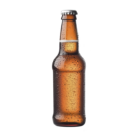 brown glass beer bottle with condensation droplets on its surface, indicating coldness and freshness, stands upright against plain background. bottle is capped with metal cap png