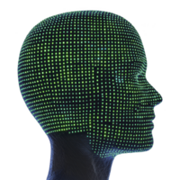digital representation of human head is covered in grid of green dots, symbolizing technology and data analysis. futuristic design suggests concepts of artificial intelligence and virtual reality png