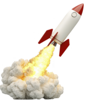 rocket launching with fiery exhaust and billowing smoke, symbolizing innovation and progress. red and white design adds dynamic and futuristic feel to scene png