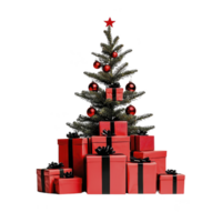 beautifully decorated Christmas tree adorned with red ornaments and star topper stands surrounded by array of red gift boxes with black ribbons, creating festive atmosphere png