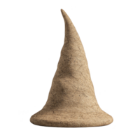 tall, pointed witch hat made of rough, textured fabric stands upright, evoking sense of mystery and magic. hat rustic appearance suggests it could belong to wizard or witch png