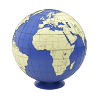 3D globe illustration showing continents and oceans, highlighting Africa, Europe, and parts of Asia. globe is blue with beige continents, emphasizing geographical features and boundaries png