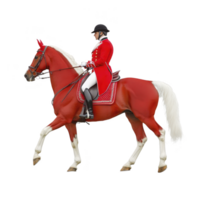 person in red riding outfit is elegantly riding brown horse with white markings. horse is adorned with matching red saddle pad and bridle, showcasing sense of style and coordination png