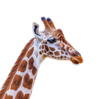 close up of giraffe head showcases its distinctive spotted pattern and long neck against plain background, highlighting its unique features and gentle expression png