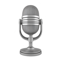 vintage style silver microphone stands on round base, evoking sense of nostalgia and classic broadcasting. metallic finish and detailed mesh design highlight its retro charm png
