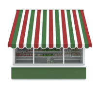 small market stall with red, white, and green striped awning displays various packaged goods. stall has simple design, evoking traditional and inviting atmosphere png