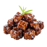 delicious stack of glazed, crispy chicken bites is garnished with sprig of fresh rosemary, showcasing mouthwatering, shiny texture png