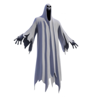 ghostly figure with tattered robes and eerie expression floats menacingly, evoking sense of mystery and fear. spectral form is shrouded in flowing, ragged cloak png