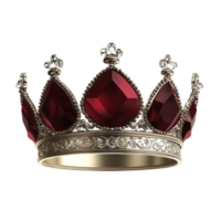 luxurious gold crown adorned with large red gemstones and intricate detailing, symbolizing royalty and elegance. crown ornate design and rich colors convey sense of majesty and power png