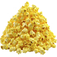 pile of bright yellow popcorn is stacked high, showcasing its fluffy texture and buttery appearance. popcorn looks freshly popped and appetizing, perfect for movie night snack png