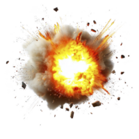dynamic explosion with fiery orange and yellow flames bursts outward, surrounded by billowing smoke and debris. intense energy and motion create dramatic and powerful visual impact png