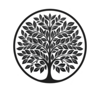 detailed black tree silhouette with abundant leaves is enclosed within circular frame, creating harmonious and balanced design. intricate leaf pattern adds elegance to overall image png