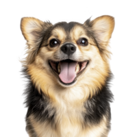 happy, fluffy dog with joyful expression and perked ears, showcasing its playful nature. dog fur is mix of black, brown, and cream colors, adding to its charming appearance png