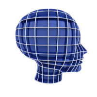 3D blue wireframe head model with grid pattern represents digital technology and innovation. abstract design suggests futuristic concepts and virtual reality png