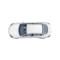 Aerial view of sleek white sedan car with sunroof, showcasing its modern design and clean lines. car is parked on plain background, emphasizing its elegant appearance png