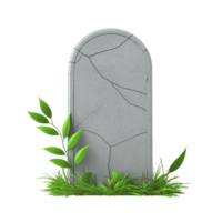 cracked gray tombstone stands upright, surrounded by green grass and leaves, symbolizing remembrance and nature resilience. simple design evokes sense of peace and reflection png