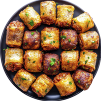 Golden, crispy sausage rolls arranged on dark plate, garnished with fresh herbs, showcasing delicious and savory snack perfect for gatherings or parties png