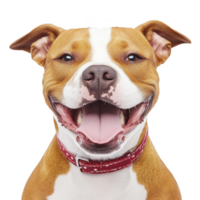 happy brown and white dog with red collar is smiling widely, showcasing its playful and friendly nature. dog ears are perked up, adding to its cheerful expression png