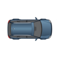top view of sleek blue car with modern design, featuring sunroof and silver roof rails, is shown. car aerodynamic shape and stylish appearance convey sense of speed and elegance png