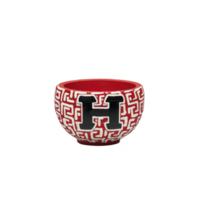 decorative red ceramic bowl features bold black letter H on its side, surrounded by intricate white geometric patterns, creating striking and artistic design png