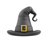 black witch hat with curled tip and yellow buckle on band, perfect for Halloween or costume parties, evokes sense of mystery and magic png