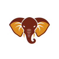 This is illustration of elephant head with large ears and tusks, featuring simple and bold design. colors are primarily brown and orange, giving it warm and earthy appearance. style png