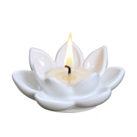 white lotus shaped candle holder with lit candle creates serene and calming atmosphere, perfect for meditation or relaxation. elegant design adds touch of tranquility to any space png