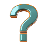 shiny, three dimensional teal question mark with orange outline stands against transparency background, symbolizing curiosity and inquiry png