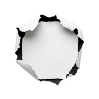 torn paper hole with jagged edges reveals blank white space, creating dynamic and intriguing visual effect. contrast between rough edges and smooth center adds depth and interest png