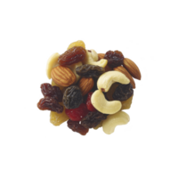 mix of dried fruits and nuts including almonds, cashews, raisins, and dried cherries is displayed against transparency background, showcasing healthy and nutritious snack option png