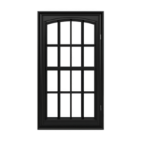 black arched window frame with multiple glass panes creates classic and elegant look, perfect for traditional or modern architecture. design adds sophistication and charm png