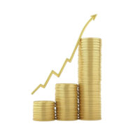stack of gold coins arranged in ascending order with upward arrow symbolizing financial growth and success. image conveys concepts of investment, wealth, and economic progress png