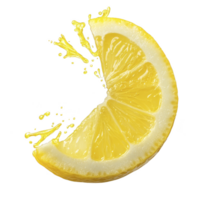 vibrant slice of lemon with juice splashing captures freshness and zest of citrus fruits. bright yellow color and dynamic splash convey energy and vitality png