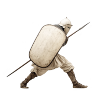medieval warrior in dynamic pose, wearing helmet and armor, holds spear and shield, ready for battle. scene evokes sense of historical combat and bravery png