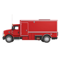 red fire truck with large storage compartment and emergency equipment is shown in side view. vehicle is designed for firefighting and rescue operations, featuring robust build and essential tools png