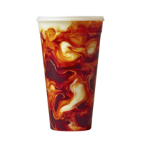 vibrant, swirling pattern of red, orange, and white adorns tall, reusable cup, creating dynamic and eye catching design. cup artistic appearance is both modern and stylish png